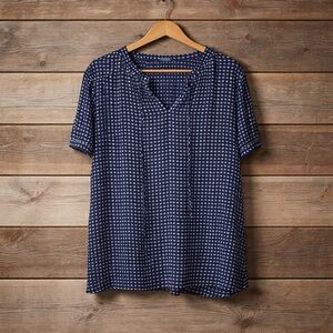 Tamara H 3X Polyester Navy and White Check Tie-Neck Blouse